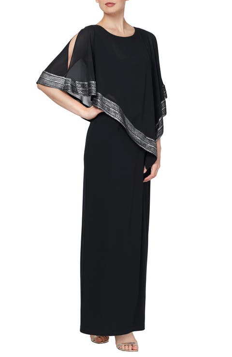 Asymmetrical Foil Trim Cape Dress (Petite)
