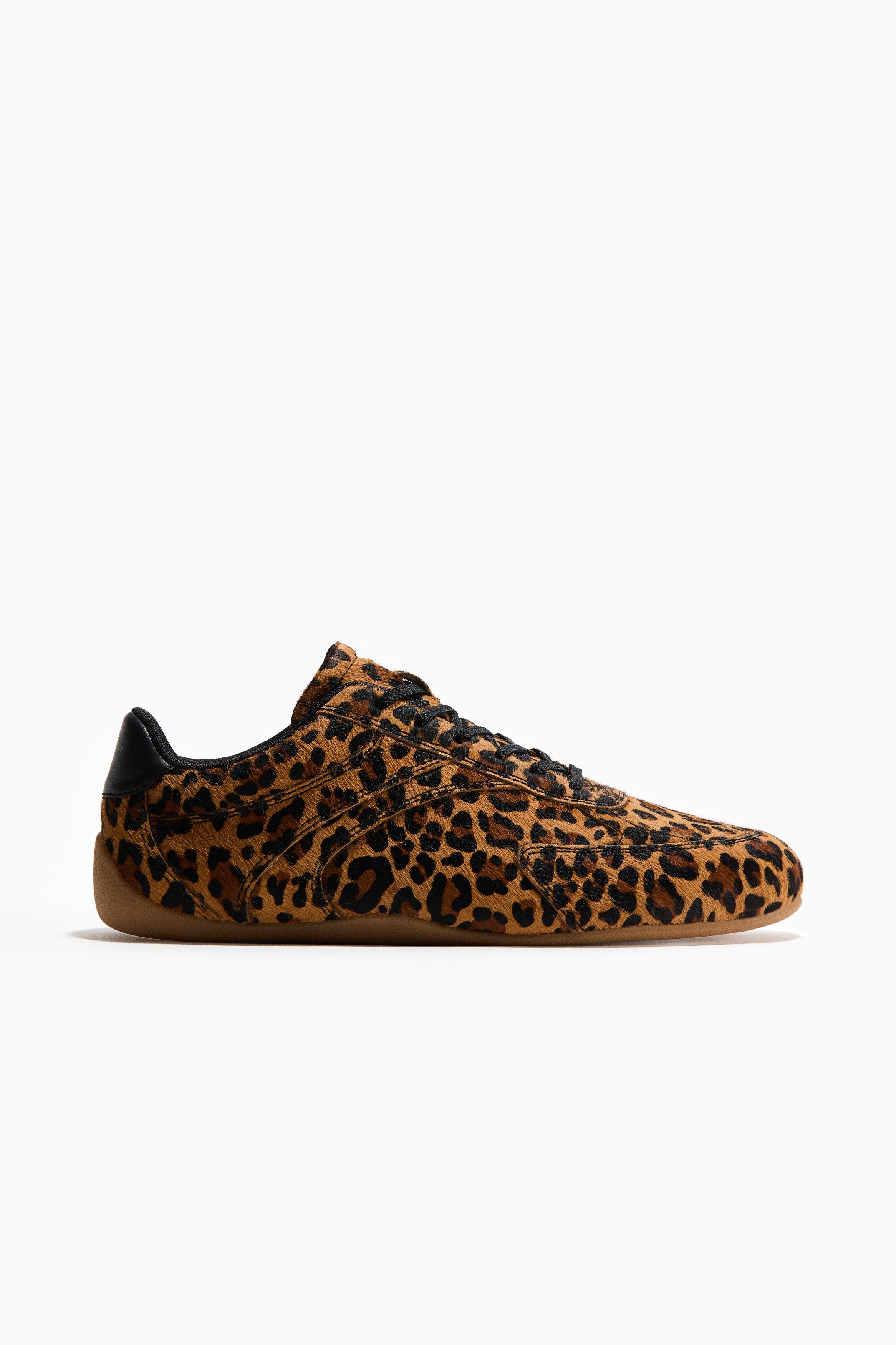 H&M Leather Trainers, Main, color, Beige/Faux Leopard