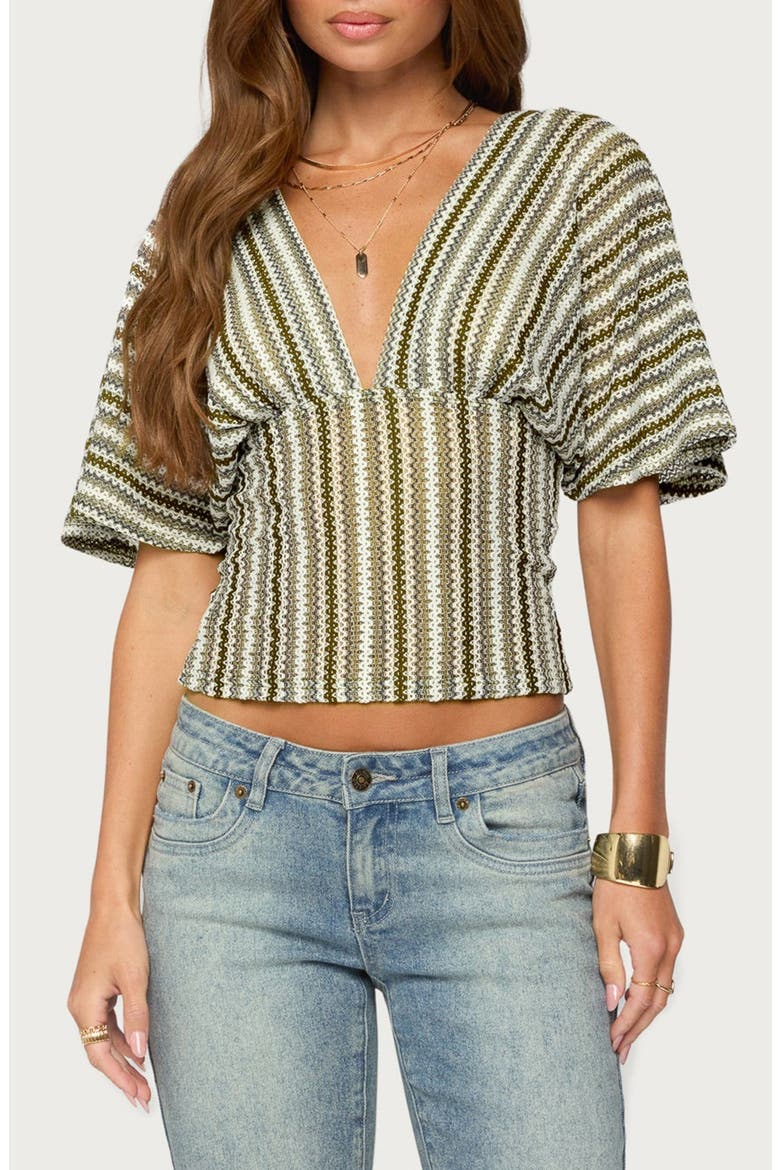 Alwyn Flutter Sleeve Zigzag Stripe Top, Main, color, BROWN