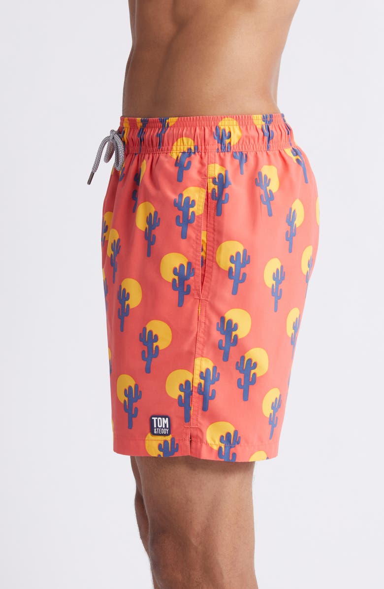 Tom & Teddy Cactus Print Performance Swim Trunks, Alternate, color, Deep Rose