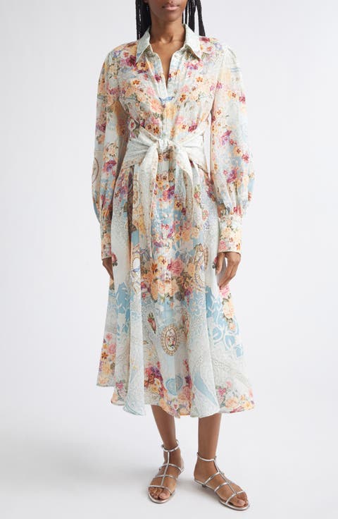 Floral Long Sleeve Waist Tie Linen Shirtdress