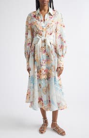 Camilla Floral Long Sleeve Waist Tie Linen Shirtdress