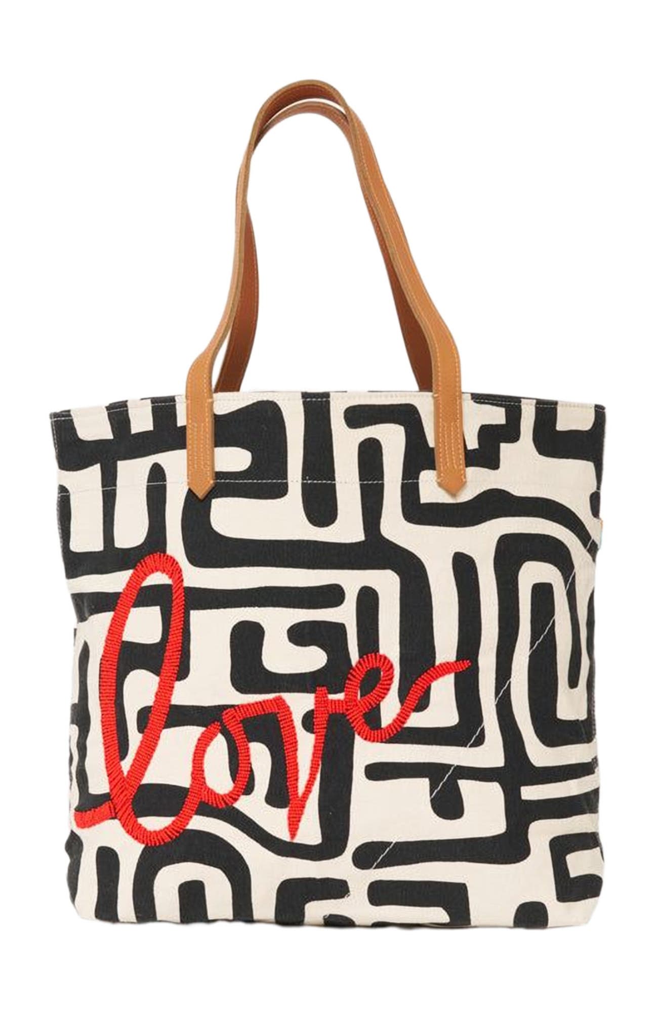 Ubuntu Life Go-To Tote with Beaded Red Love, Main, color, Black Kuba
