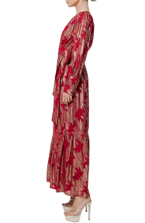 Shop Ciebon Isa Metallic Long Sleeve Wrap Dress In Red