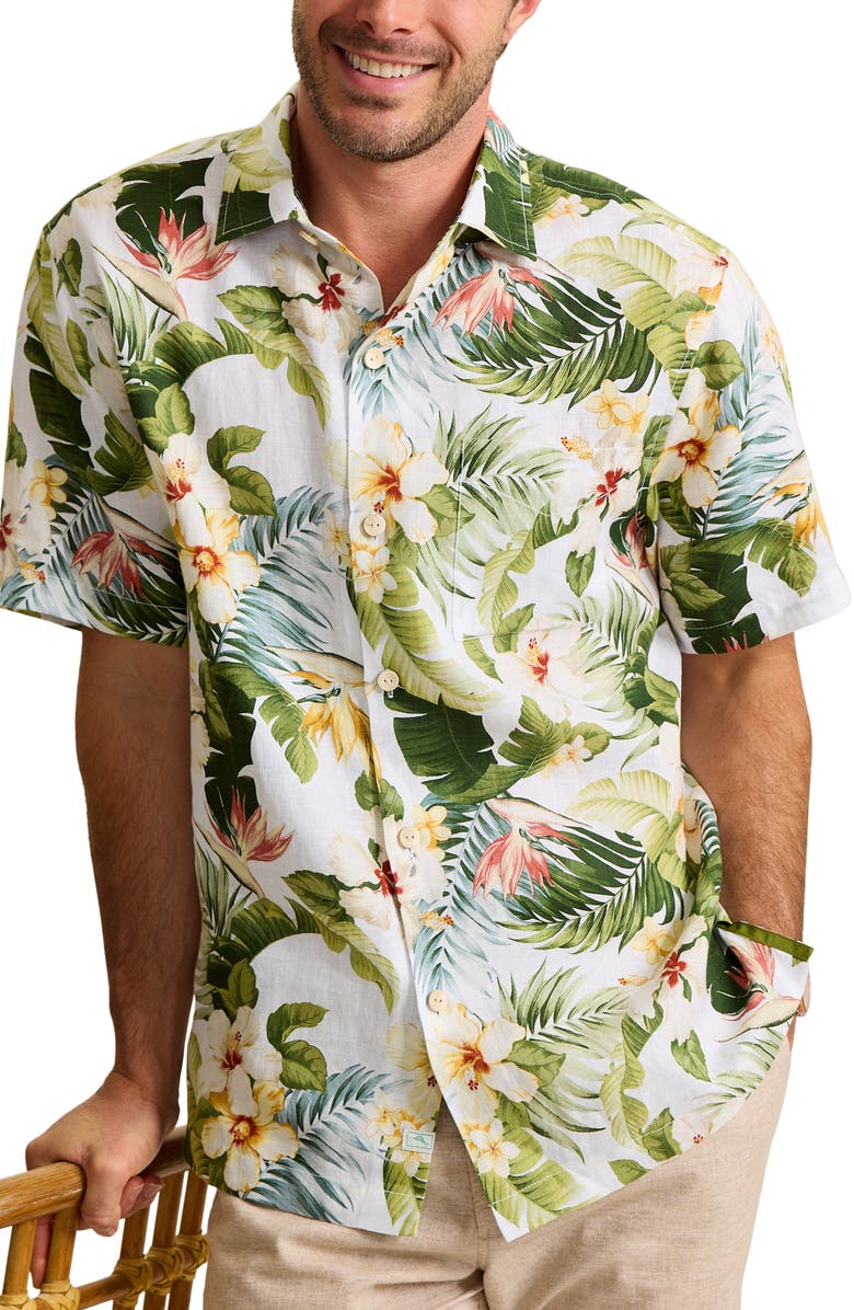 Tommy Bahama Flora Festival Short Sleeve Linen Button-Up Shirt, Main, color, Continental
