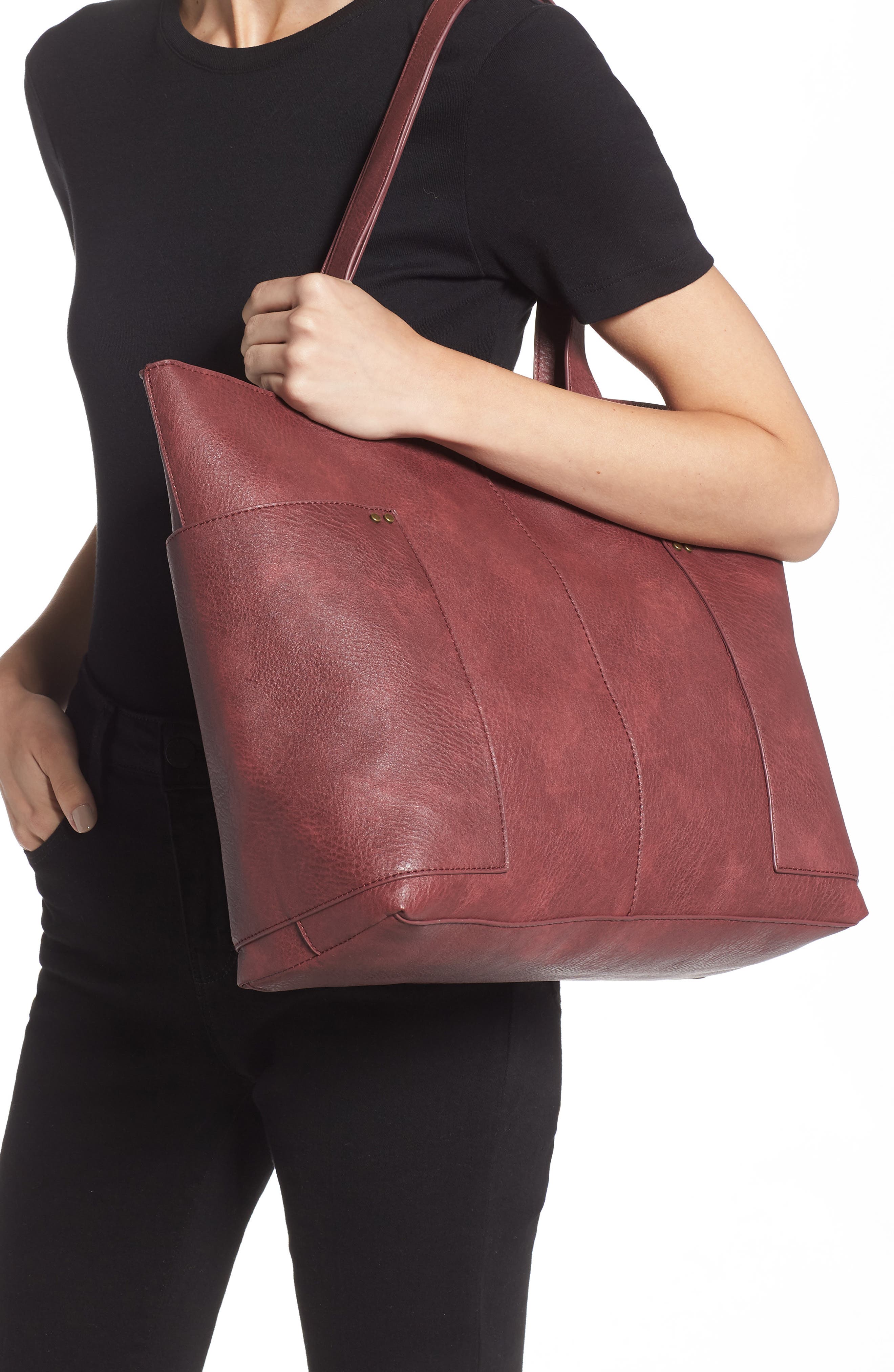 Studded Faux Leather Tote, Alternate, color, BURGUNDY LONDON