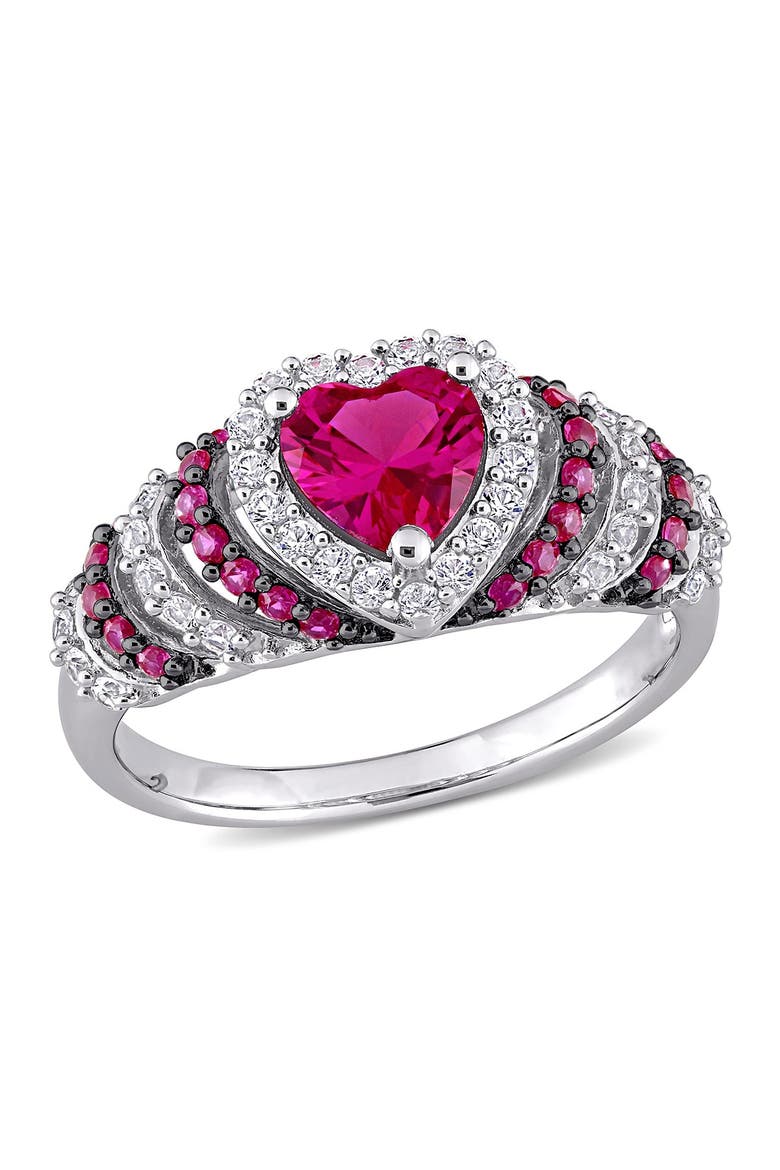 Rhodium Plated Heart Shape Created Ruby & Created White Sapphire Ring & Pearl Earrings Set, Alternate, color, RED