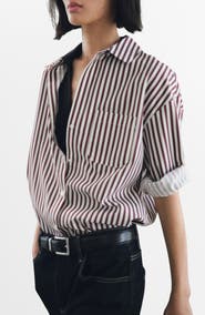 MANGO Stripe Cotton Blend Button-Up Shirt