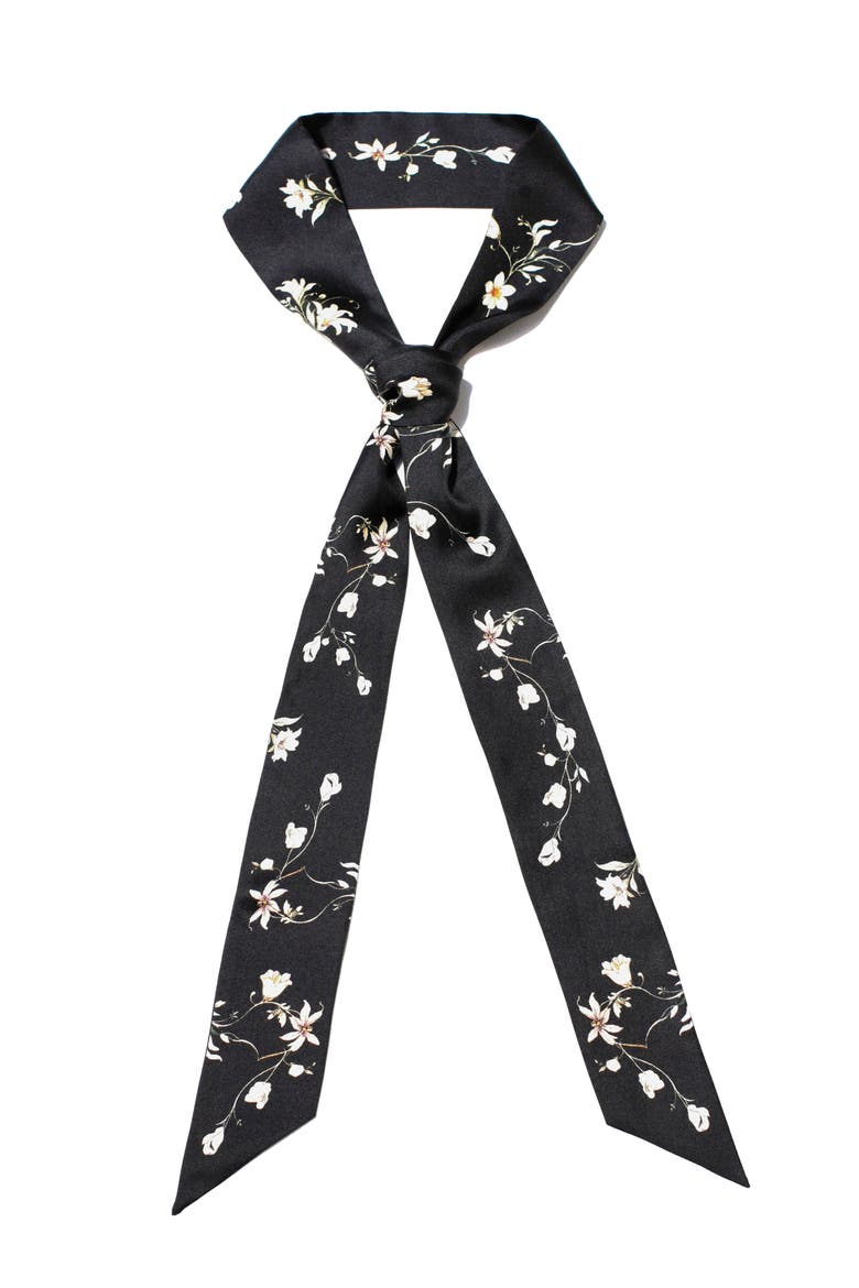Silk Skinny Scarf Starlit Bloom, Main, color, Black