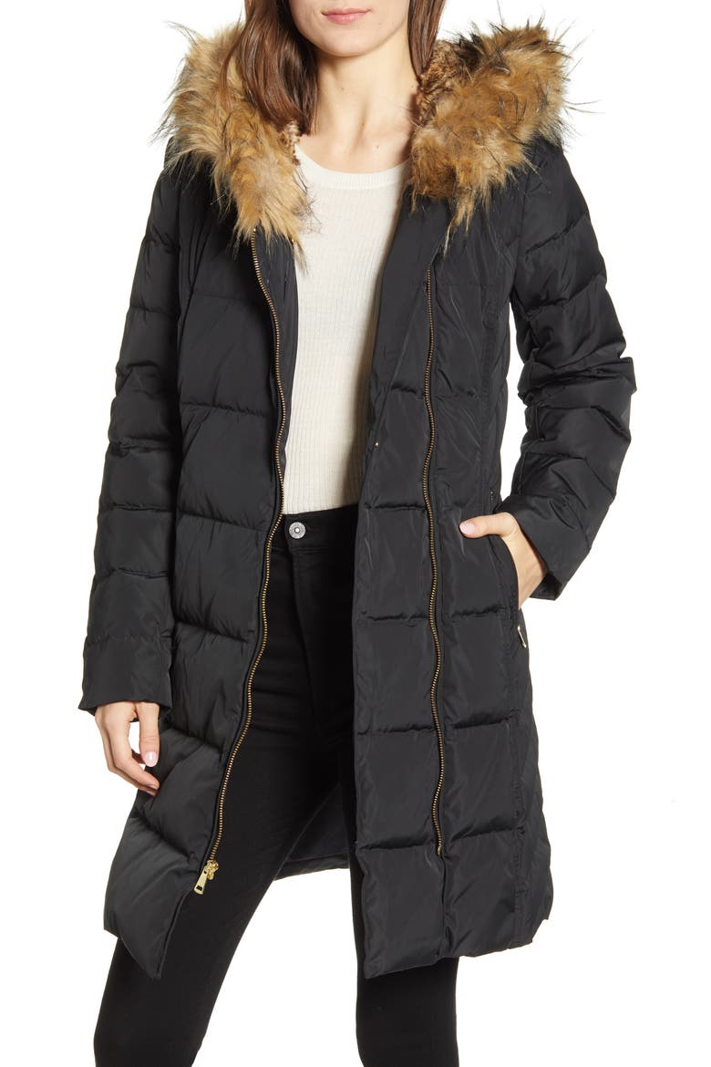 Cole Haan Feather & Down Puffer Jacket with Faux Fur Trim, Main, color, BLACK