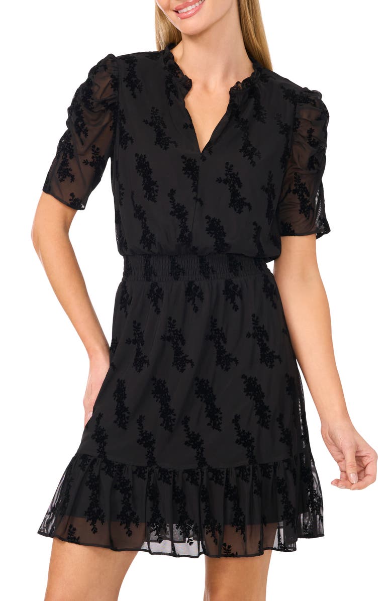 CeCe Keyhole Puff Sleeve Smocked Waist Minidress, Alternate, color, 