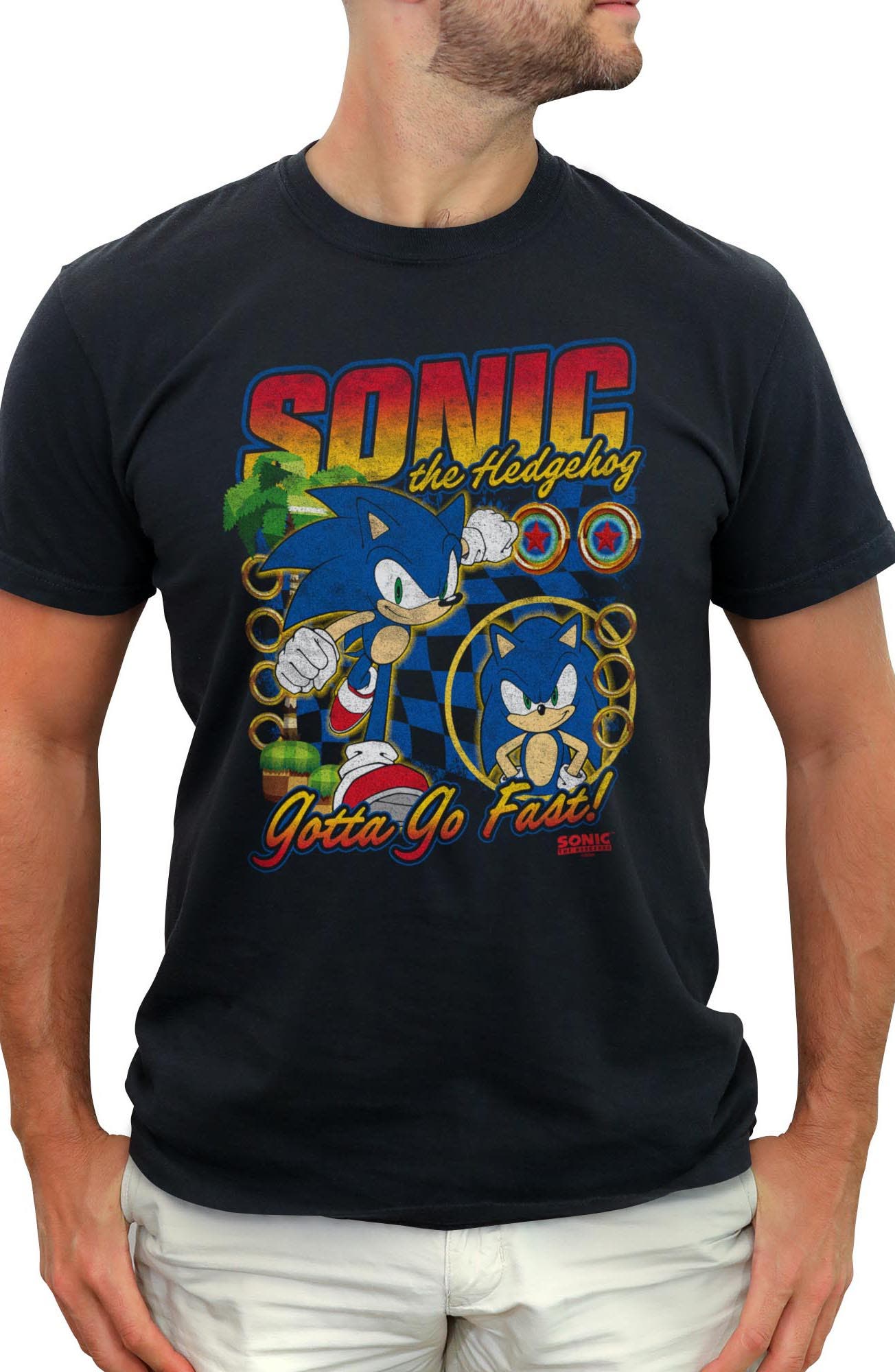 Men's Sonic the Hedgehog Gotta Go Fast Distressed  Graphic T-Shirt in Black 