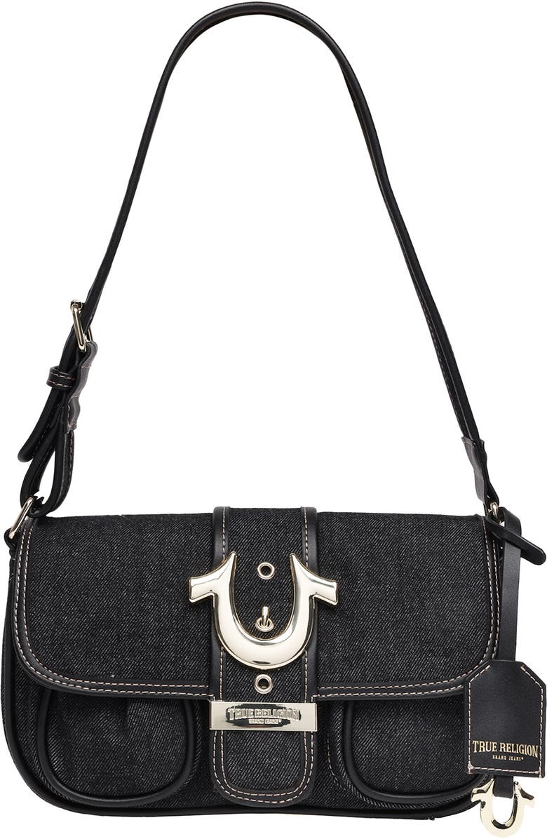 True Religion Double Pocket Denim Satchel, Main, color, Black