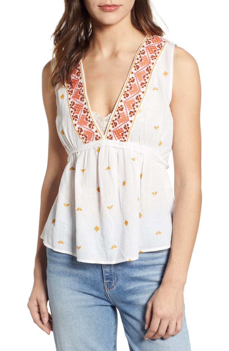 Lucky Brand Romantic Embroidered Detail Sleeveless Cotton Top, Main, color,