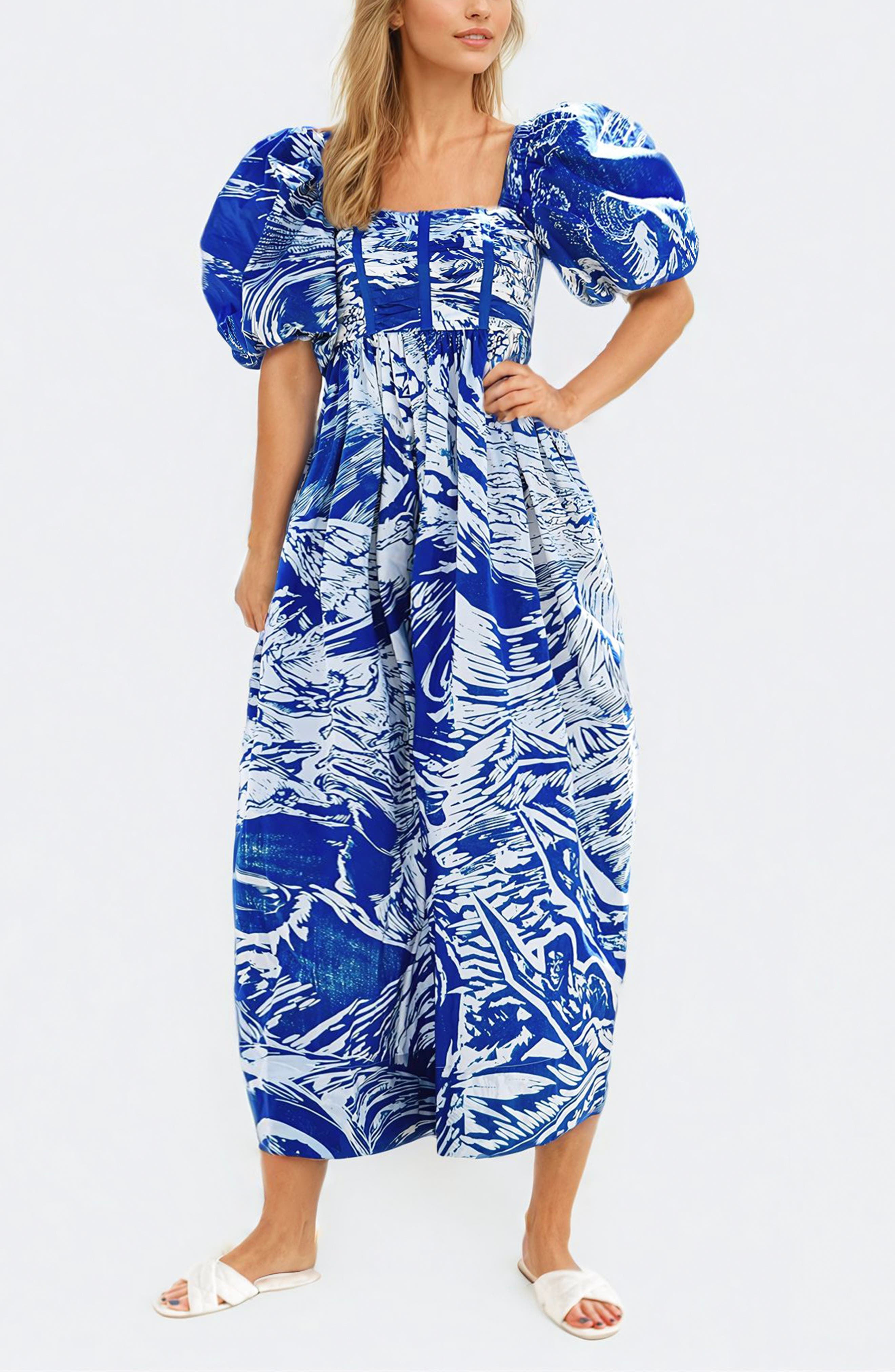 Jessie Zhao New York Blue Printmaking Square-Neck Cotton Midi Dress ...