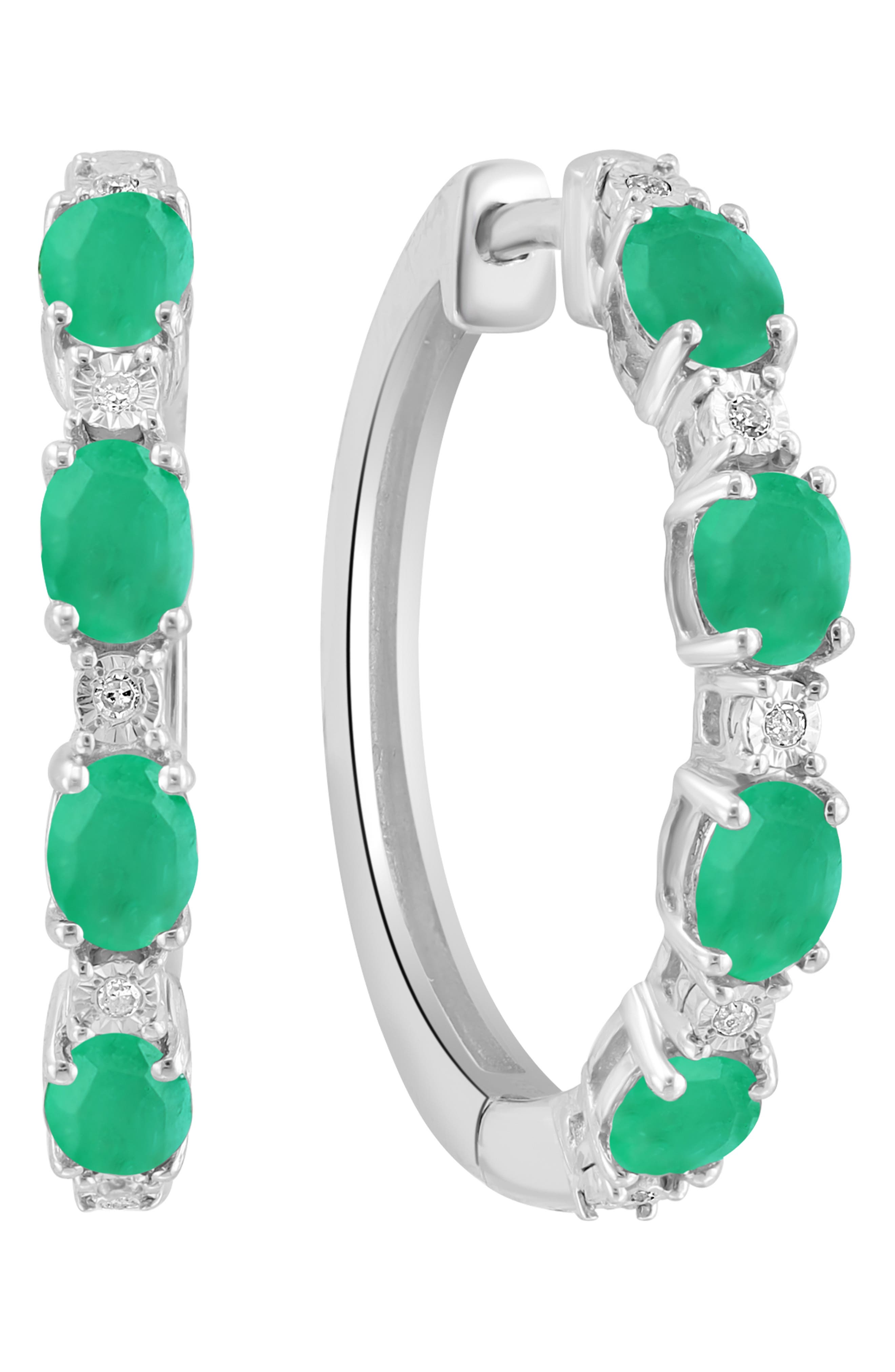 EFFY Sterling Silver Emerald Diamond Hoop Earrings - 0.02 ctw.