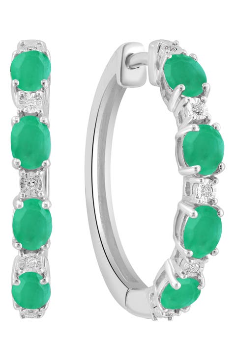 Sterling Silver Emerald Diamond Hoop Earrings - 0.02 ctw.