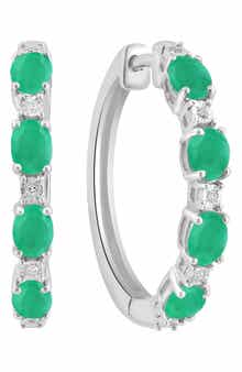EFFY Sterling Silver Emerald Diamond Hoop Earrings - 0.02 ctw.