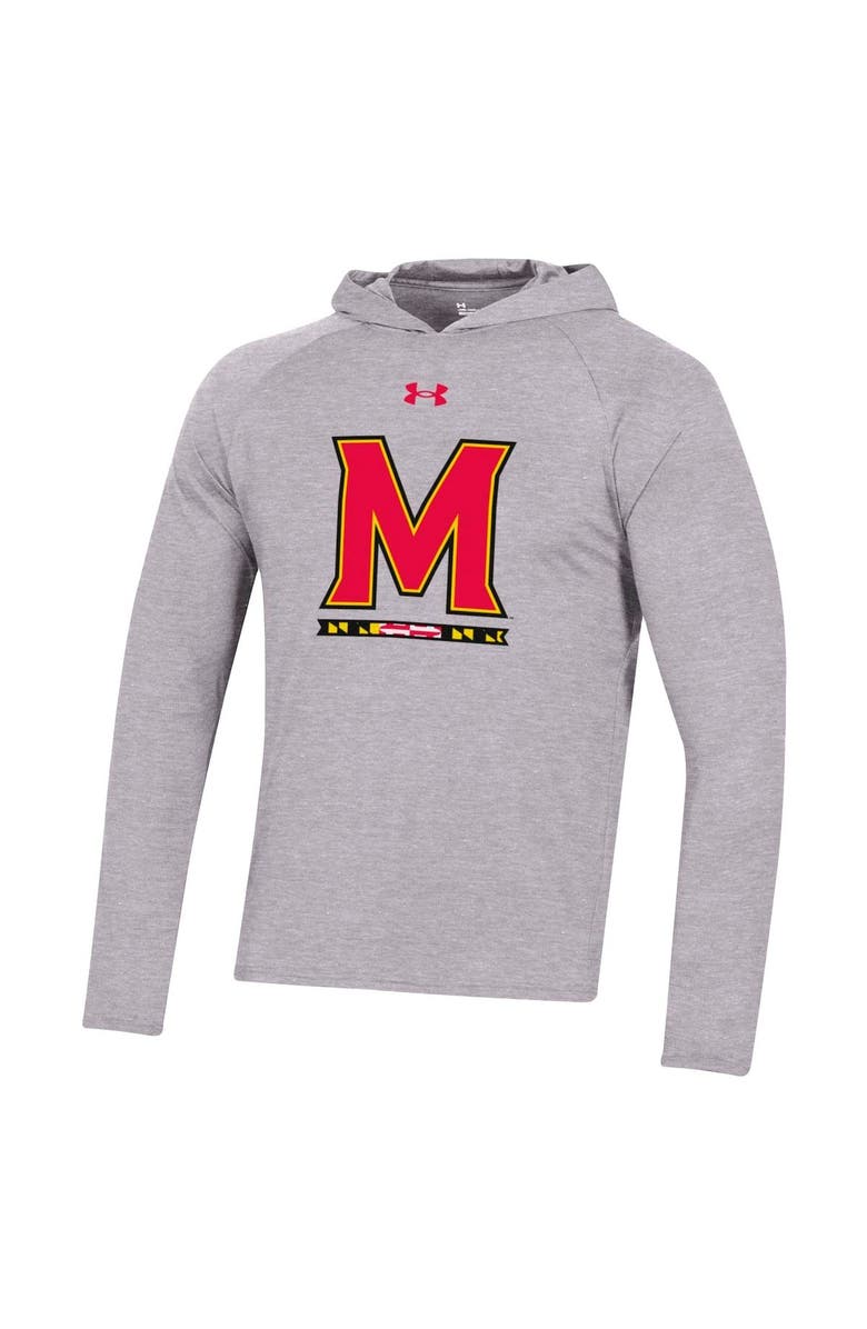 Under Armour Men's Under Armour Heather Gray Maryland Terrapins School Logo Raglan Long Sleeve Hoodie Performance T-Shirt, Alternate, color,