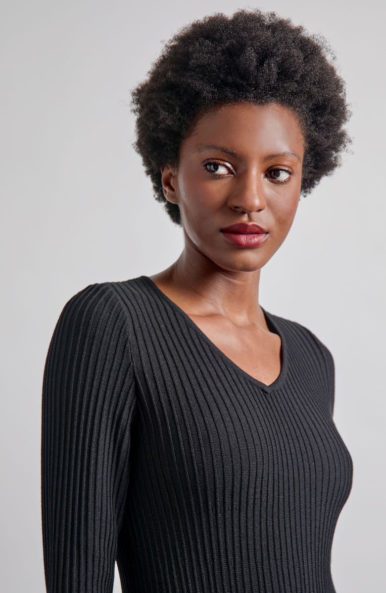 Misook Long Sleeve Rib Fit & Flare Midi Dress, Alternate, color, Black