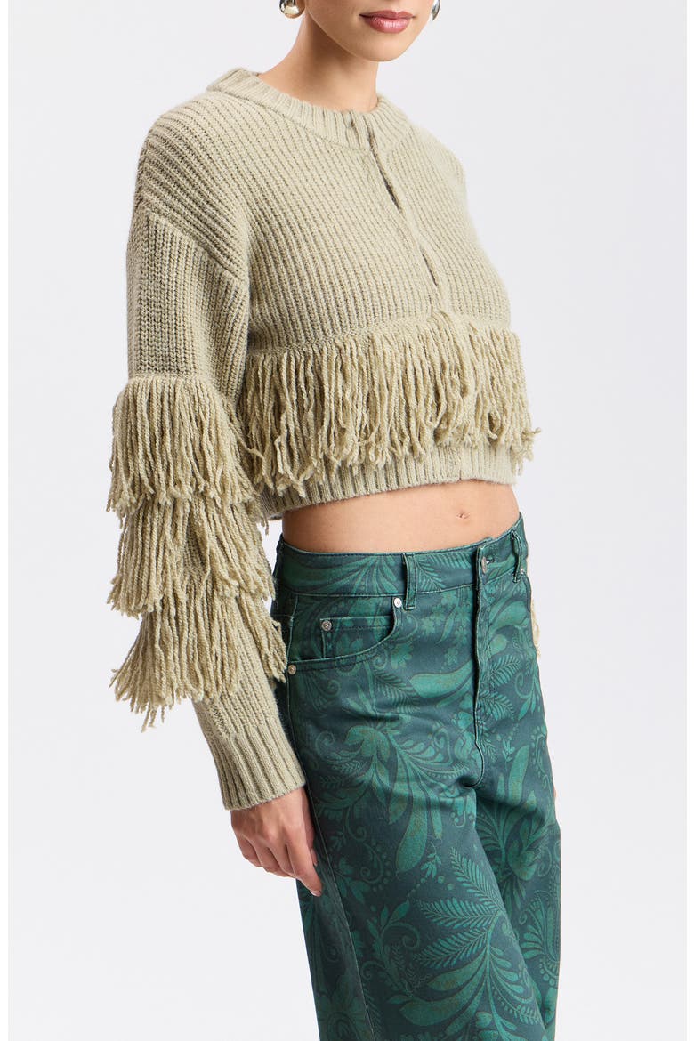 Fringe Cropped Cardigan, Alternate, color, SAGE