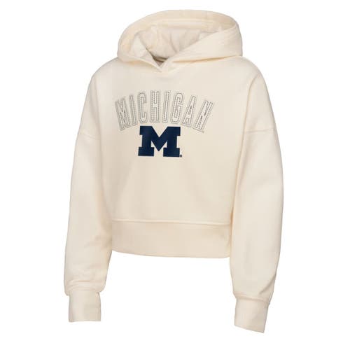 Outerstuff Big Girls Cream Michigan Wolverines Oversized Blitz Cropped Pullover Hoodie In White