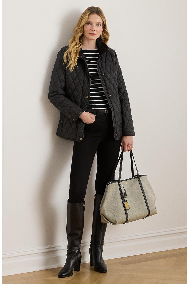 Diamond Quilted Barn Jacket With Faux Leather Trim, Alternate, color, BLACK