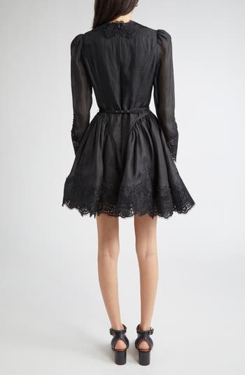 Hypnotic Lace Trim Long Sleeve Belted Linen & Silk Minidress