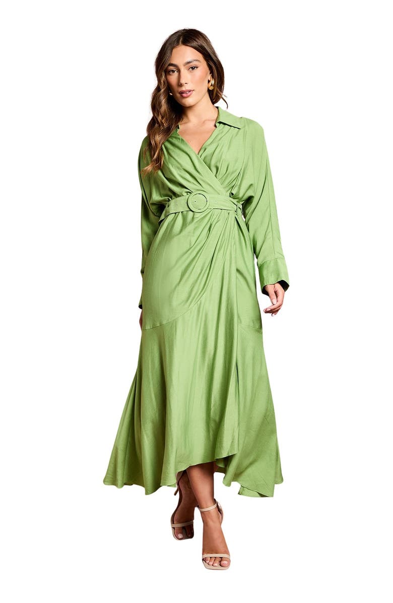 Coast Twill Long Sleeve Belted Wrap Dress, Main, color, Green