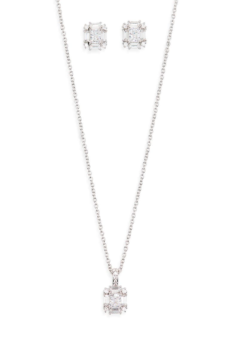 Nadri Bridesmaid Halo Emerald Cut Cubic Zirconia Pendant Necklace, Alternate, color, Rhodium