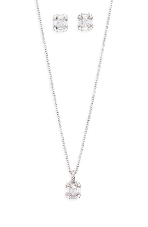 Bridesmaid Halo Emerald Cut Cubic Zirconia Pendant Necklace