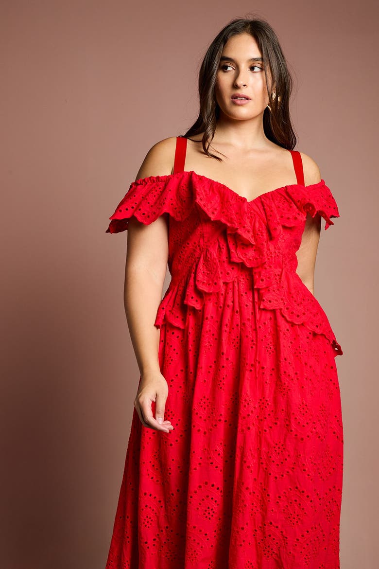 Plus Broderie Midi Dress, Alternate, color, Red