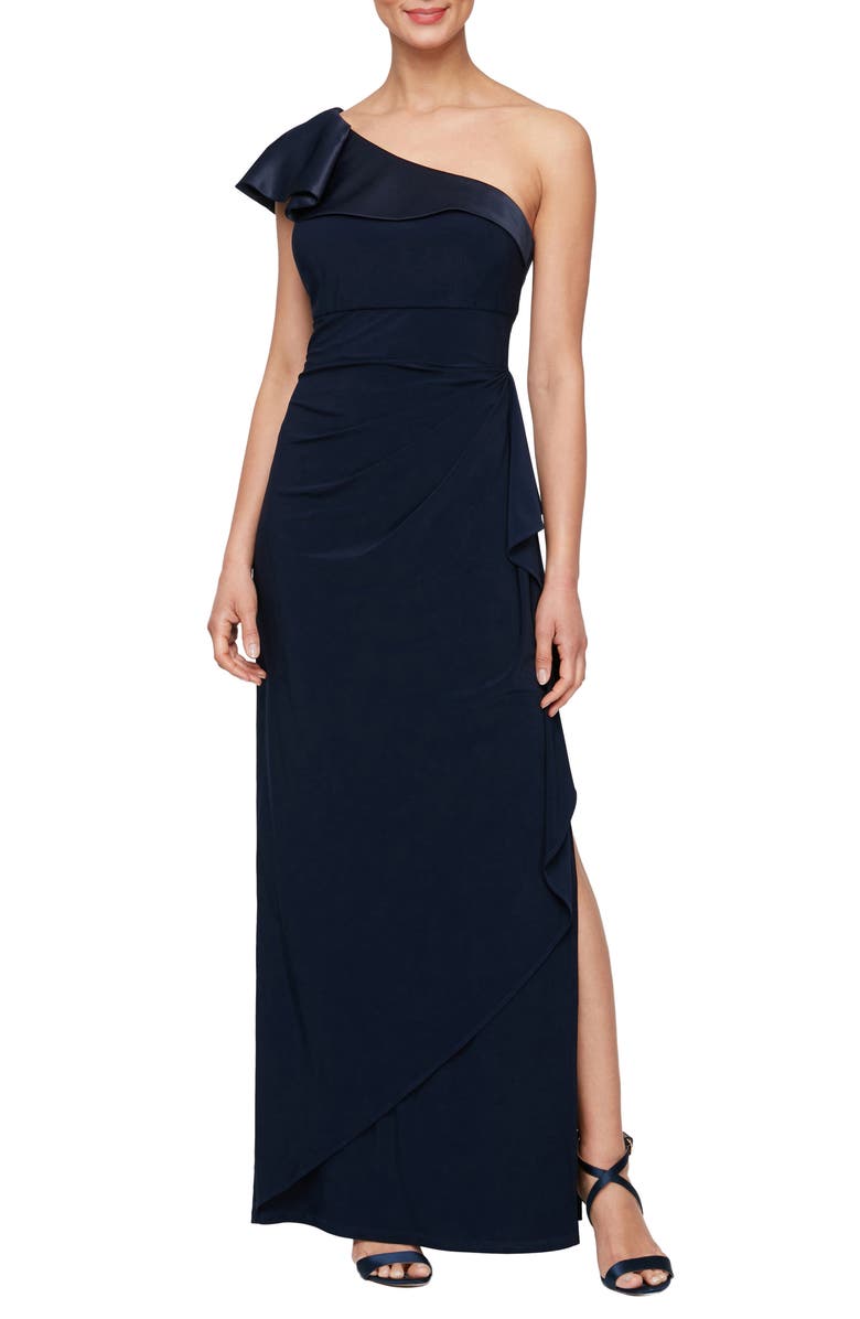 Alex Evenings One-Shoulder Gown, Main, color,