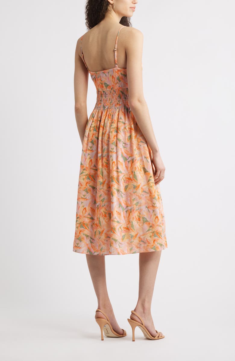 Chelsea28 Smocked Waist Sleeveless Midi Dress, Alternate, color, Orange- Abstract Soft Petals