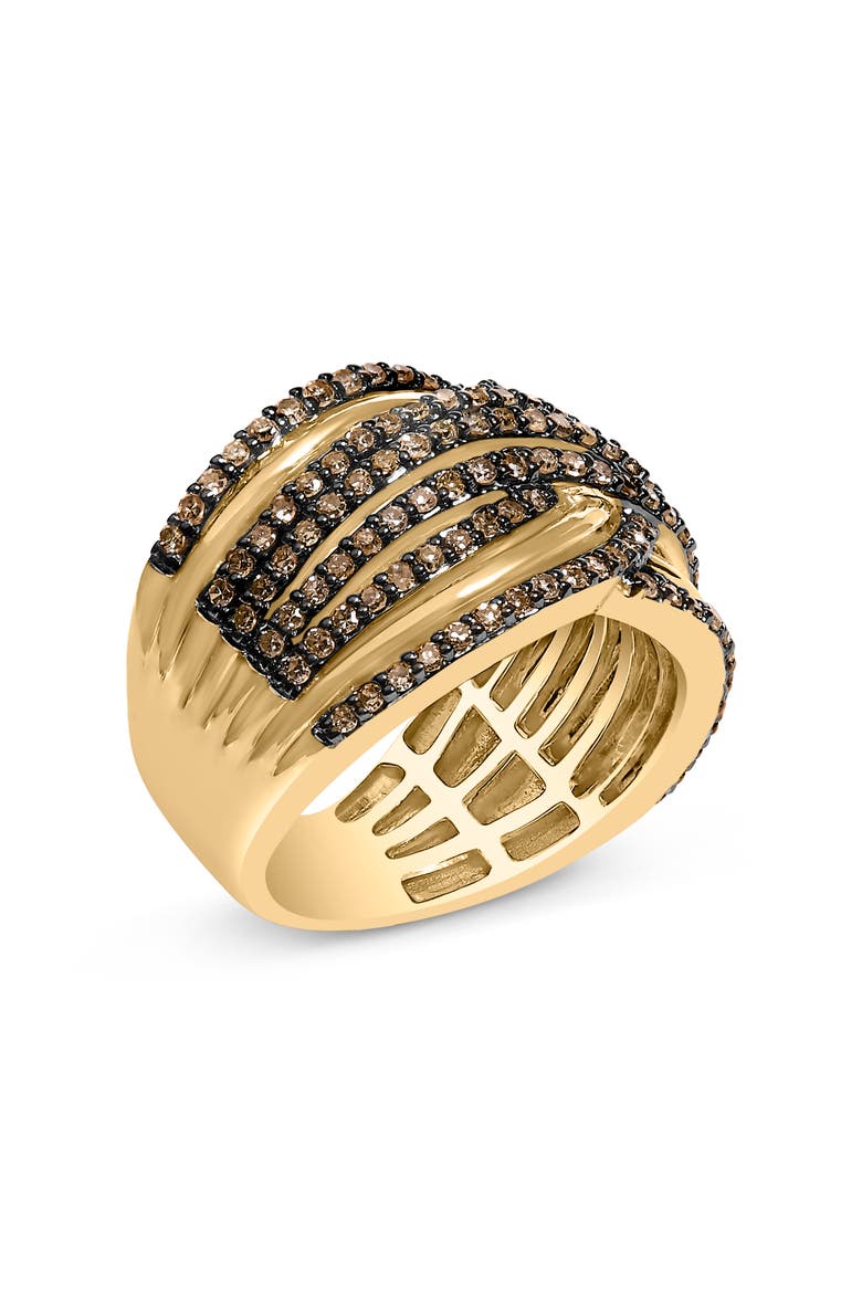 10K Yellow Gold Plated Silver 1.0 Cttw Champagne Diamond Multi Row Cross Over Band Ring, Alternate, color, Yellow Gold over Silver