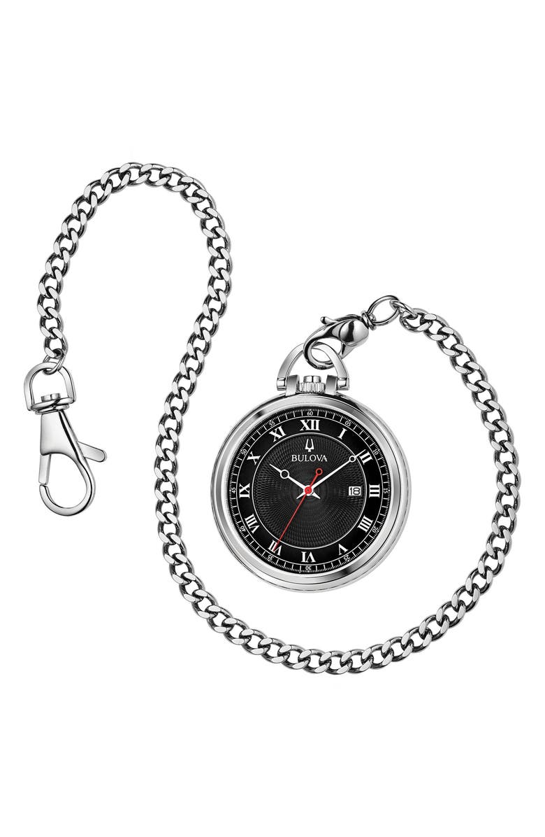 BULOVA Stainless Steel Pocket Watch, 45mm x 9mm, Main, color, 
