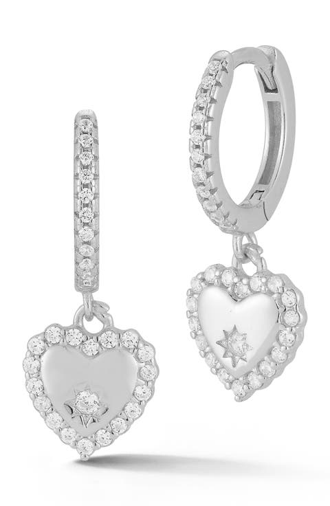Cubic Zirconia Heart Drop Huggie Hoop Earrings