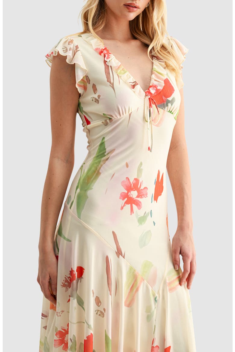 Floral Flutter Sleeve Handkerchief Hem Mesh Dress, Alternate, color, BUTTER RED MULTI
