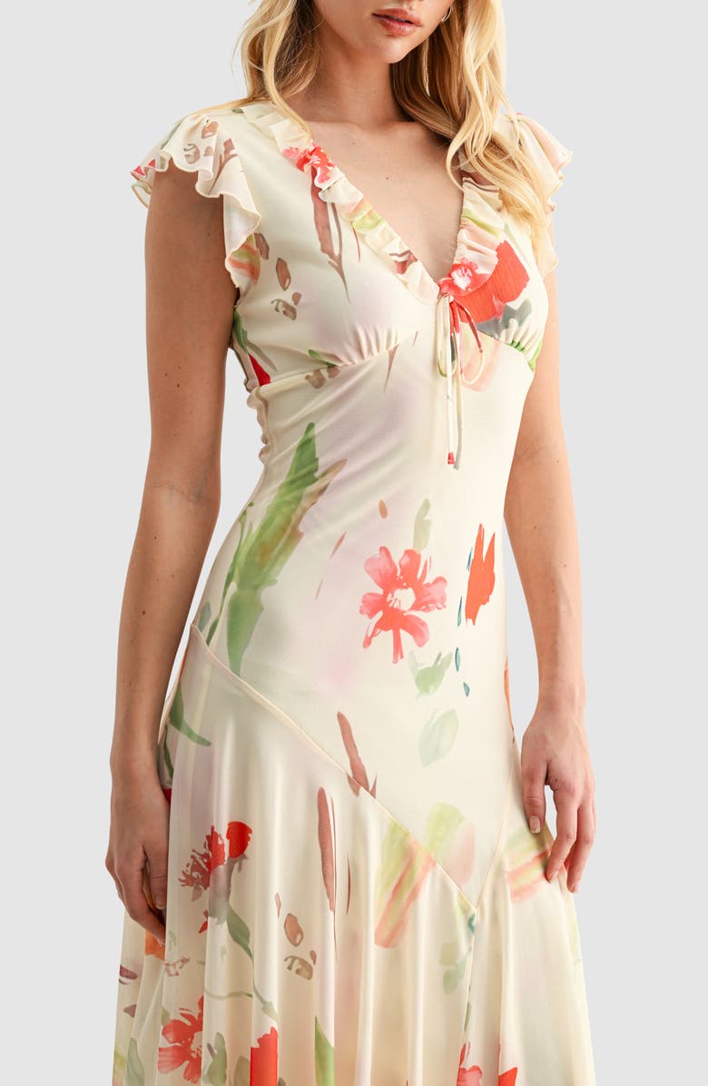 All in Favor Floral Flutter Sleeve Handkerchief Hem Mesh Dress, Alternate, color, Butter Red Multi