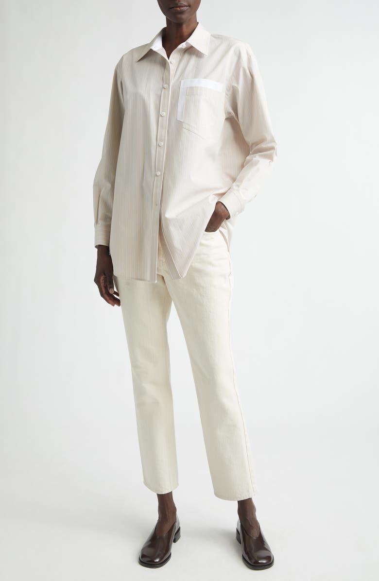 Lafayette 148 New York Stripe Oversize Cotton Poplin Button-Up Shirt, Alternate, color, Oatmeal Multi