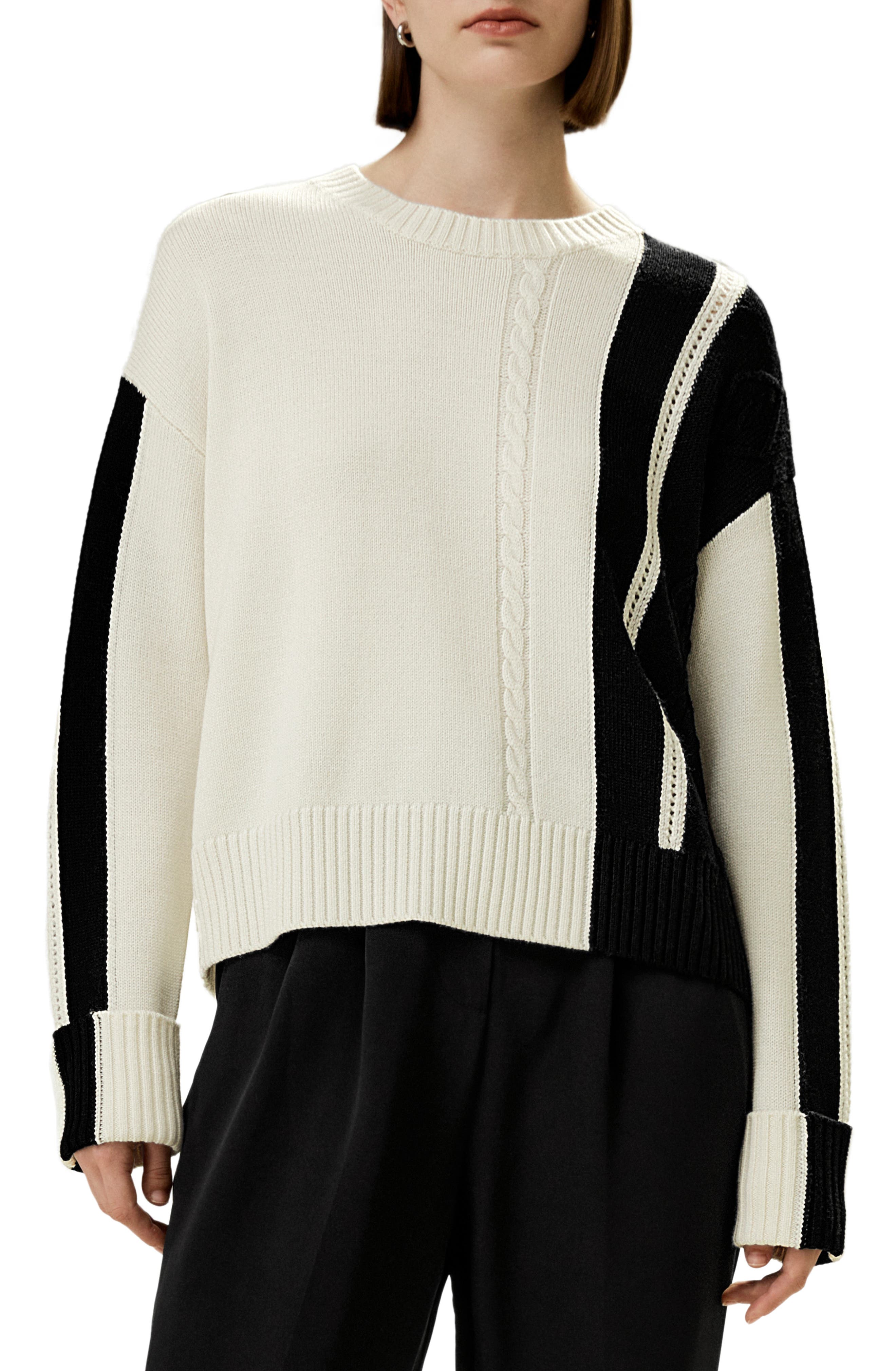 Lilysilk Bicolor Stripe Knit Wool Sweater in White 