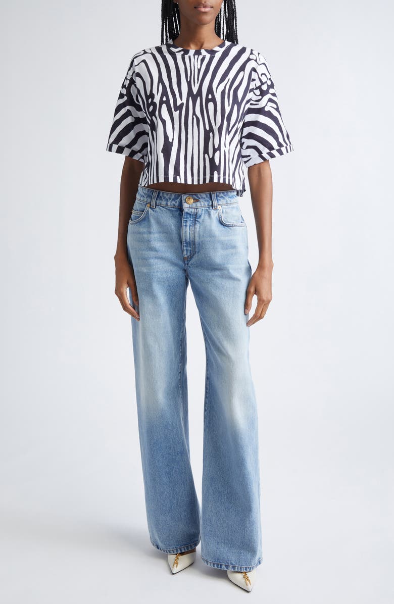Balmain Logo Zebra Print Crop T-Shirt, Alternate, color, Black/ White