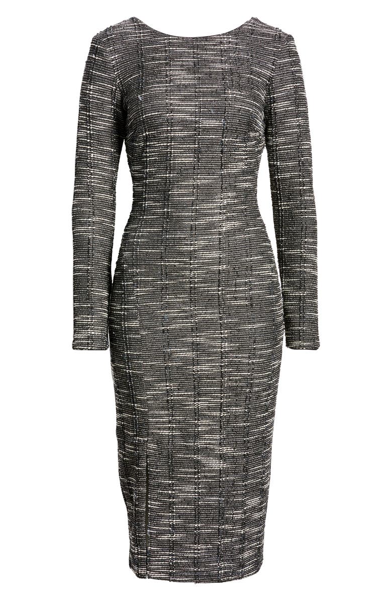 Dress the Population Natalie Front Slit Long Sleeve Stretch Tweed Midi Dress, Alternate, color, 