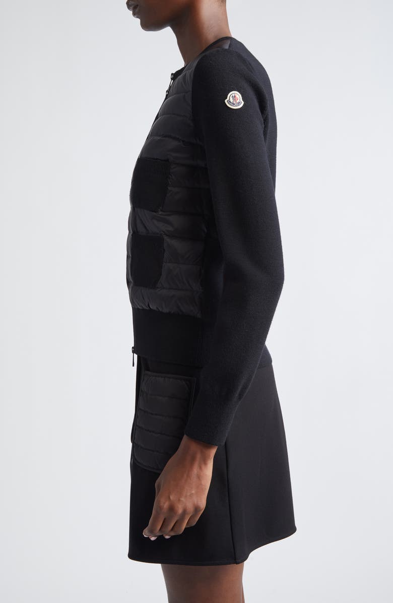 Moncler Wool Knit & Quilted Down Cardigan, Alternate, color, Black