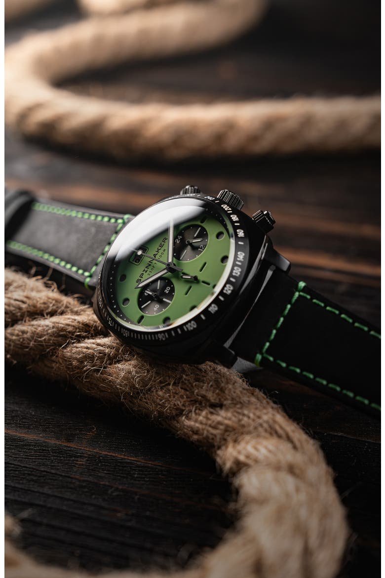 Hull Chronograph Leather Strap Watch, 42mm, Alternate, color, GREEN