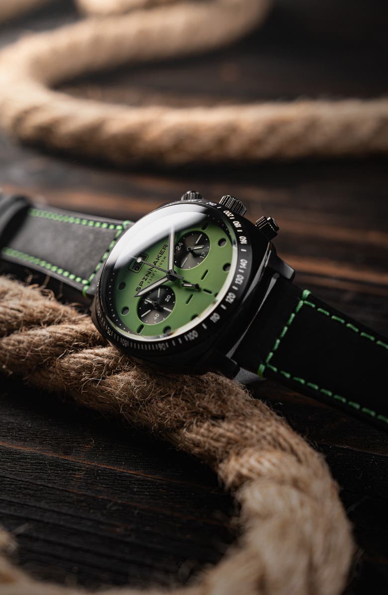 SPINNAKER Hull Chronograph Leather Strap Watch, 42mm, Alternate, color, Green