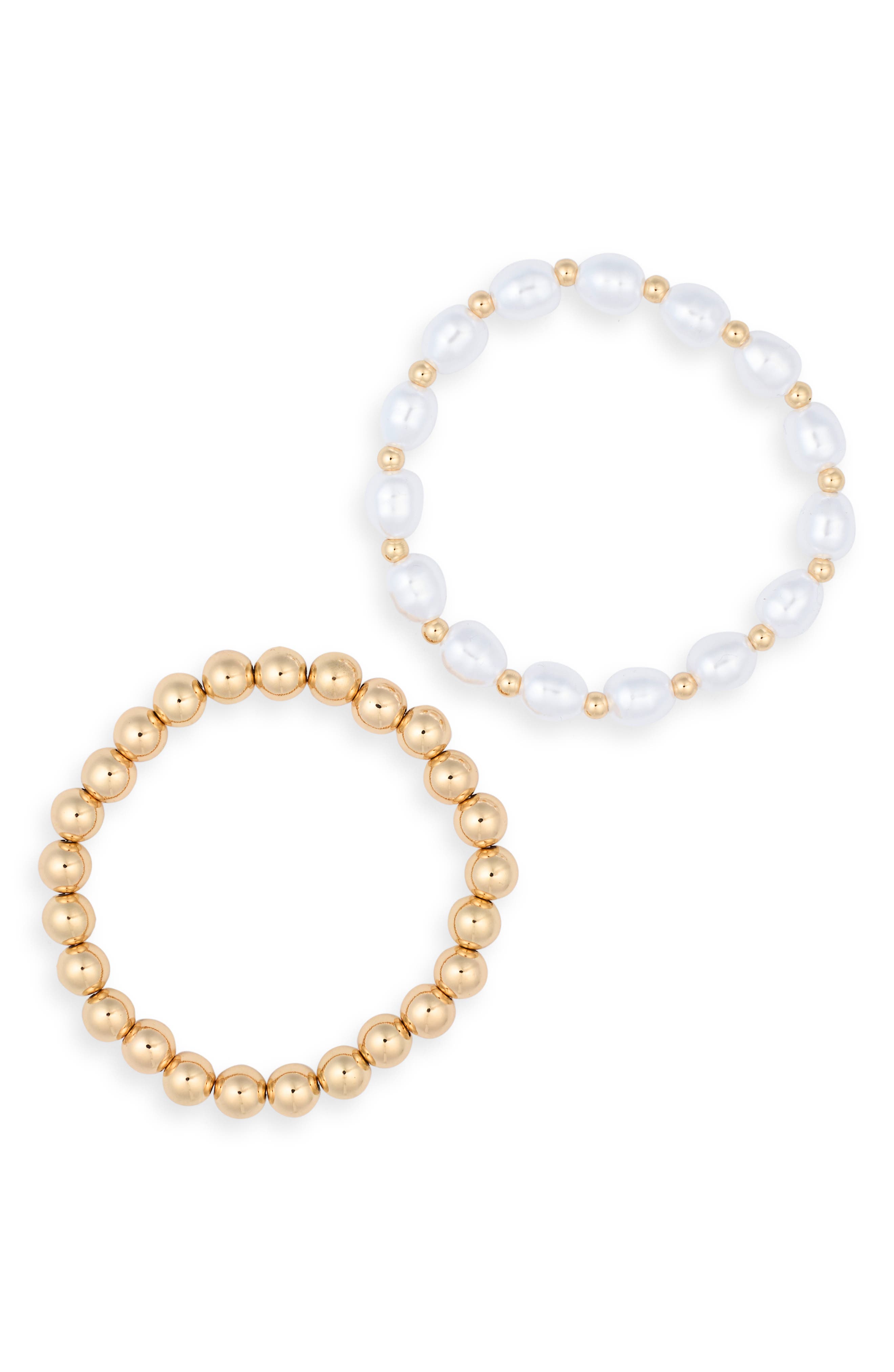 Set of 2 Imitation Pearl & Beaded Stretch Bracelets