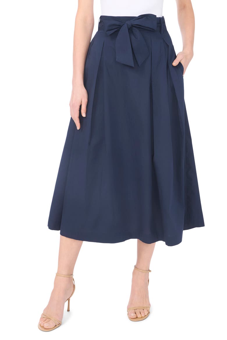 Tie Waist Pleated Cotton Midi Skirt, Main, color, INDIGO NIGHT