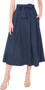 1.STATE Tie Waist Pleated Cotton Midi Skirt