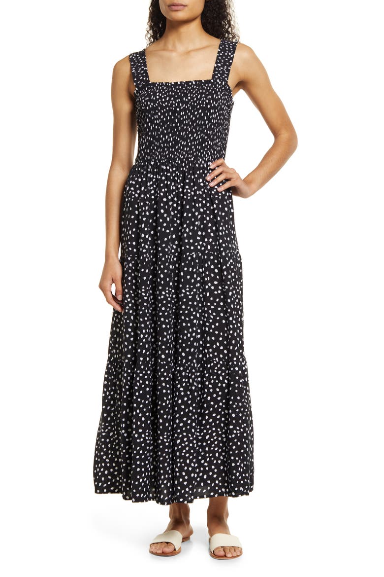 Elisa Smocked Maxi Dress, Main, color, SPOTS NOIR
